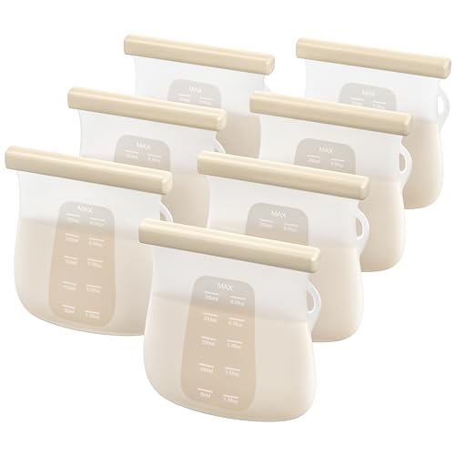 Image of Jelly Ruru 7 PCS Reusable Breast Milk Storage Bags, 8.5oz 250ml LFGB Standard Silicone Breastmilk Freezer Storage Container, Leak Proof & SelfStandingMilk Bags, Baby Food Bags, Transparent