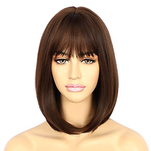 Sapphirewigs Dark Brown Wigs for Women Bob Wig with Bangs Short Shoulder Length Daily Party Hair Natural Looking 14 inch - Image 2