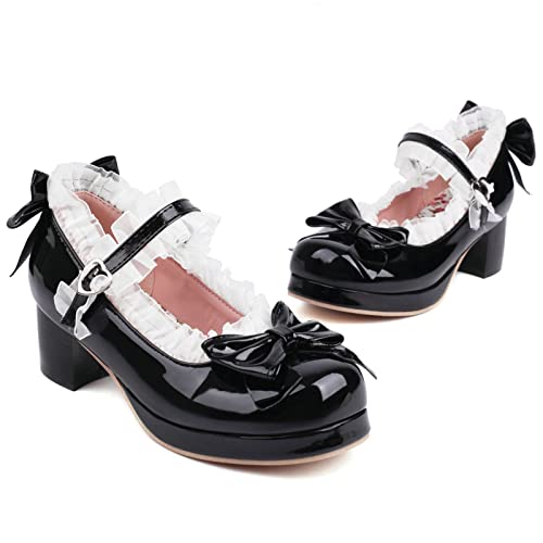 Image of LUXMAX Women Kawaii Mid Block Heel Mary Jane Rockabilly Pumps with Bow Platform Chunky Heel Cute Sweet Shoes