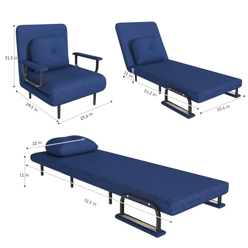 Image of Montary Space - Saving Convertible Folding Sofa Bed: Adjustable Backrest with Pillow, Comfortable Single Sleeper for Living Room, Bedroom & Office (Blue)
