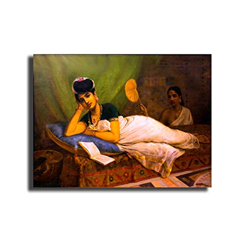Image of Sikhash Raja Ravi Varma Canvas Paintings Classic Art, Indian Art, Famous Artist, Wall Painting for Living Room, Bedroom, Office, Unframed, Multicolor Fabric Size - 12x8 inches (30x20 cms, Reclining Nayar lady)