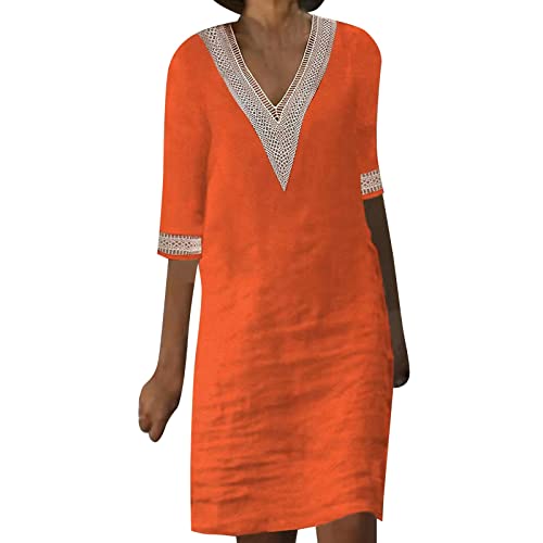 Générique - Générique Robe Lin Femme Été, Robe Mi Longue Femme Droite, Col en V en Manches Courtes Coupe Trapèze Robe De Plage Ample Rétro Robe en Lin Décontractée pour Fêter Robe De Vacances À La Plage