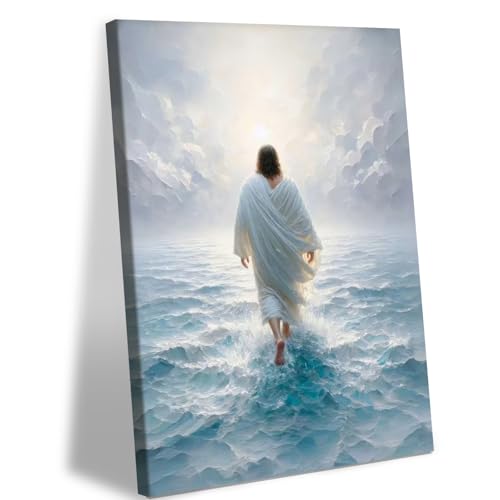 AUUAUU Jesus Walks on Water Wall Art Christian Religious Canvas Painting Spiritual Bible Verse Wall Decor Inspirational Christian Home Wall Art for Living Room Bedroom Prayer Room 12x16 Inches