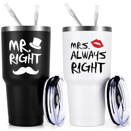 Qtencas Mr. Right Mrs. Always Right Travel Tumbler Set, Wedding Engagement Gifts for Husband Wife Newlywed Couples Bride Anniversary Bridal Shower, 30oz Stainless Steel Tumbler, Black and White