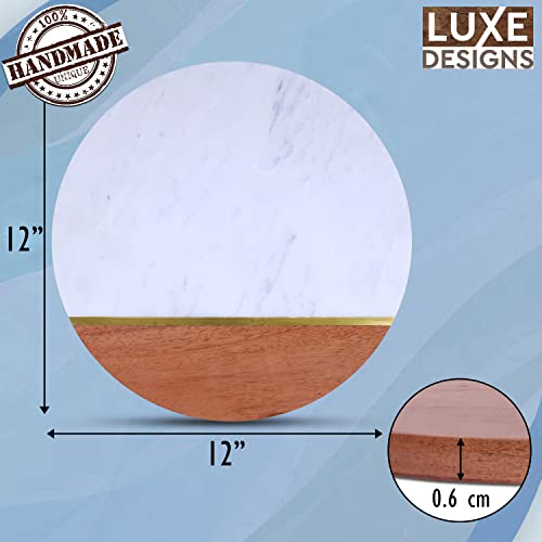 Wood And Marble Cheese Board & Cheese Knife Set (12”), Round Cheese Board And Knife Set – Handcrafted Acacia Wood Cutting Board – Versatile Charcuterie Board & Serving Board – Cheese Board Gift Set