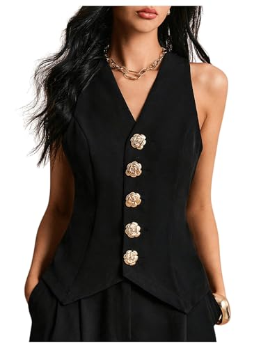 GORGLITTER Women's Metal Flower Blazer Vest Sleeveless V Neck Fashion Vests Top Business Casual Work Tops