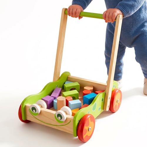 The Magic Toy Shop Wooden Baby Walker with 20 Colourful Blocks - Traditional Push Along Early Development & Activity Toy - Push Cart for Toddlers Boys & Girls Ages 12 Months+