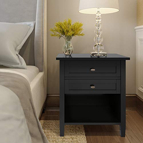 Simplihome Warm Shaker 24 Inch Wide Night Stand, Bedside Table, Black Solid Wood, Rectangle, With Storage, 2 Drawers And 1 Shelf, For The Bedroom, #TOP1
