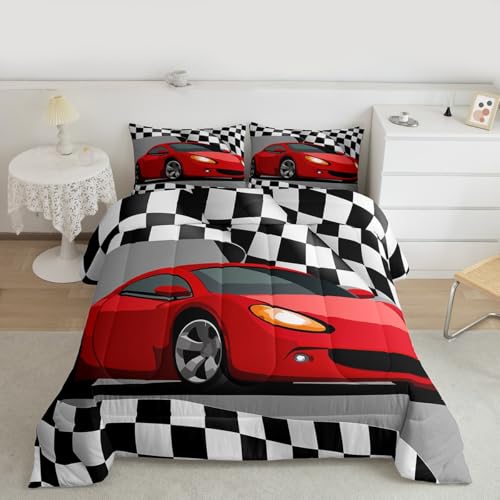 Image of Red Racing Car Comforter Set - Extreme Sports Theme Duvet Set - Black and White Grid Room Decor Quilt Set - Full Size
