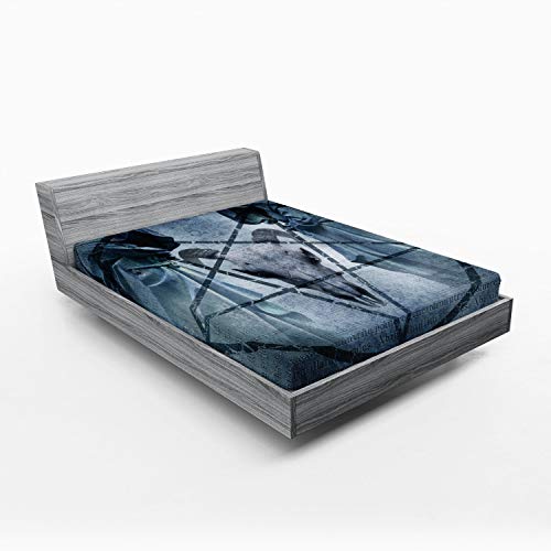 Ambesonne Horror House Fitted Sheet, Artwork Pentagram Goat Skull Devil Dream Hooded Exorcist Image, Bed Cover with All-Round Elastic Deep Pocket for Comfort, King Size, Blue