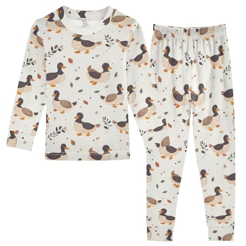 Black Duck Leaves Pattern Cute Pajama Sets Long Sleeve Top and Pants, Snug Fit Sleepwear for Night Wears