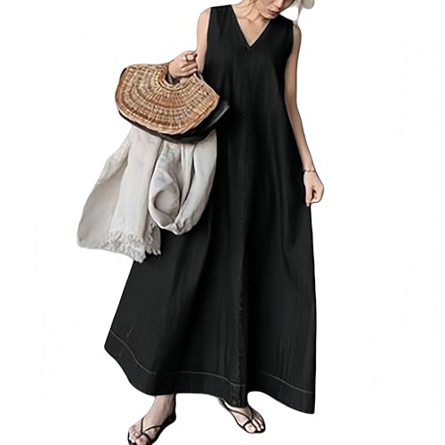 Vestido Largo Vaquero para Mujer, Informal, Holgado, Sin Mangas, Maxivestido con Escote En V, Estilo Vintage, Lavado, con Bolsillos y Cinturón En La Espalda, Color Negro, Talla L