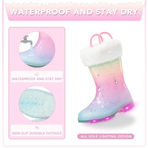 EUXTERPA Toddler Kids Light Up/Solid Color Rain Boots Waterproof Warm Fleece Lined Boots for Boys Girls Winter Snow Boots3