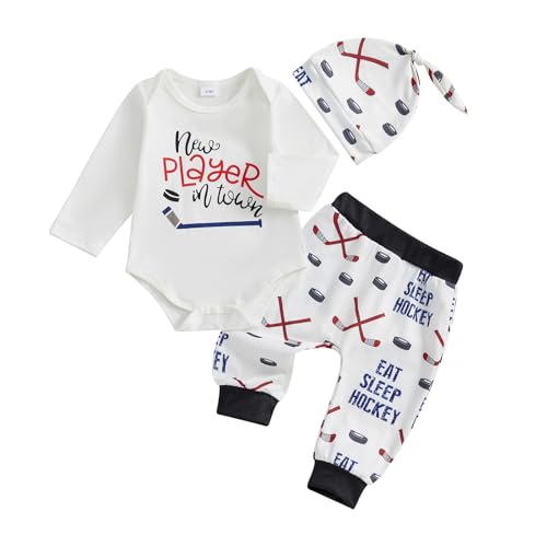 3Pcs Newborn Baby Boy Hockey Outfit Letter Long Sleeve Romper Shirt Pants Set +Hat Coming Home Outfit Fall Clothes