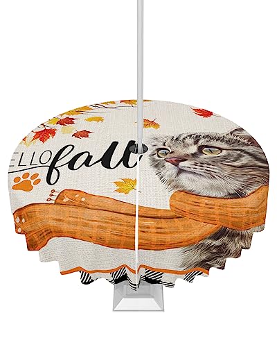 Thanksgiving Outdoor Tablecloths with Umbrella Hole and Zipper, Hello Fall Cat Maple Leaf Black and White Checkered Waterproof/Stain Resistant Round Table Cloth 60'' Patio Table Cover for Picnic/Party