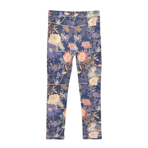 Floral Indonesian Batik Motif Cobalt Kids Girl's Athletic Leggings Comfortable High Waisted Activewear Running2