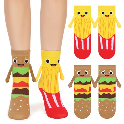 Dalycro 2 Pairs Magnetic Holding Hands Food Socks Funny Burger Fries Food Socks That Hold Hands Gifts for Foodie Men Women (US Alpha One Size Regular Regular Brown&Yellow)