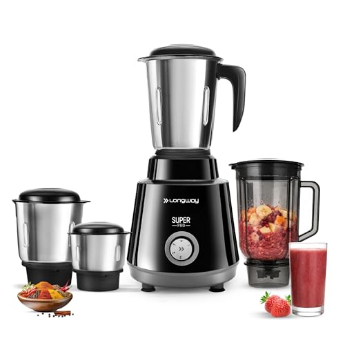 Image of Longway Super Pro Juicer Mixer Grinder | Up to 750W Max Output Powerful Motor | 4 Jars for Grinding, Mixing, Juicing | 2 Years Warranty (Black & Gray)
