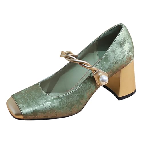FOWT Women Square Cap Toe Mary Janes Elegant Strap Pearl Pumps Chunky Block Mid Heels Formal Evening Party Shoes Size 4-16 US