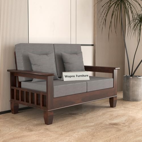 Image of Sheesham Wooden 2 Seater Sofa for Living Room | Rosewood Cushion Sofa with Side Newspaper Holder for Home & Office | Solid Wood Sofa Set for Lounge (Walnut, 2 Seater)