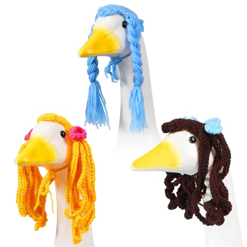 QSLWcos 3 Pcs Porch Goose Wigs Cute Braid Wigs Desk Lawn Goose Statue Clothes Accessories Funny Cement Geese Outfits Ornament for Outdoor Garden Patio Yard Decor