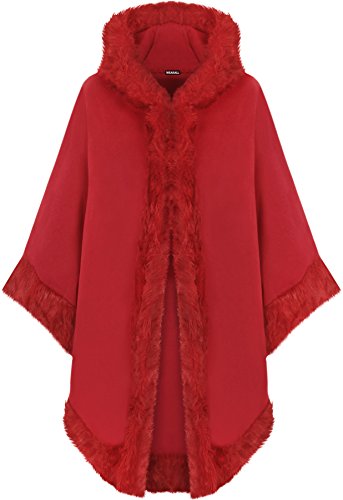 WearAll - Mujeres Llanura Faux Piel Recortar Capucha Capa Chal Manto Poncho Abrigo Top - Rojo - One Size
