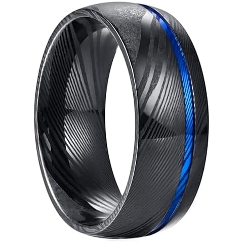 NUNCAD Wedding Band for Men Blue Groove 8mm Black Damascus Steel Ring Comfort Fit Size 10 Cover