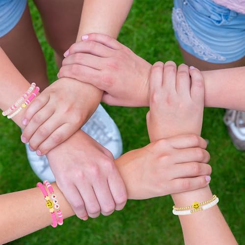 Image of Preppy Bracelets Set Colorful White Gold Smile Heart Star Polymer Beaded Pearl Clay Stackable Charm Y2K Kidcore Aesthetic Summer Beach Bohemian Stretch Layering Bracelets Jewelry for Girls Women Teens