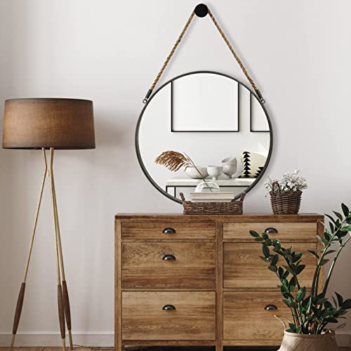 POZINO Round Hanging Mirror, Circle Wall Mirror with Rope, 20 Inch Farmhouse Mirrors for Bathroom Bedroom Living Room Entryway Home Decor, Grey - Image 8