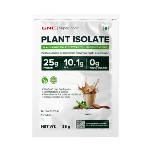Image of GNC Plant Protein Isolate Powder | 25g Protein & 10.1g EAAs | Pea & Brown Rice Protein | DigeZyme Enzymes | Vegan, Soy-Free, Lactose-Free, Gluten-Free | No Added Sugar | Easy Digestion, Delicious & Non-Chalky | Coffee, 0.07 lbs /35g
