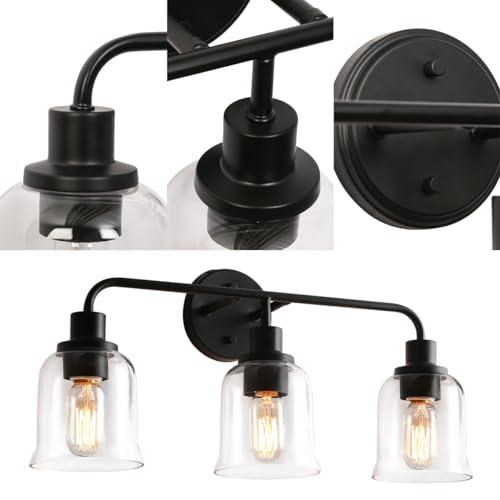 Image of KSANA Black Bathroom Vanity Light, 3 Light Bathroom Light Fixtures Over Mirror, 22.8 Inch Modern Vanity Lights for Bathroom with Clear Glass Shade