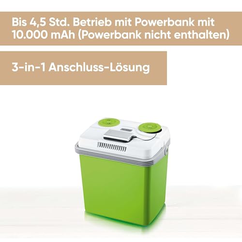 Foto von SEVERIN Elektrische Kühlbox (25 L) mit Kühl- und Warmhaltefunktion, 3 Anschlüsse fürs Auto (USB, Netzteil & Zigarettenanzünder), grün/grau, KB 2923