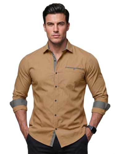 Image of Men's Cotton Blend Shirt with Solid Long Sleeves Spread Coller Neck Regular Fit Single Chest Pocket and Standard Length | Cotton Casual Shirt for Man
