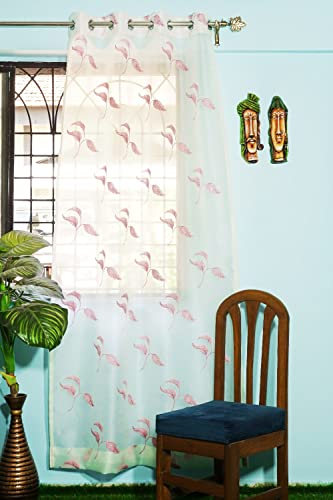 Image of (7 ft Sheer Tissue with Embroidery 3 Leaf Design | Eyelet Window Long Curtain | Tissue Fabric Window Single Curtain (Pink) | for Home | (Pack of 1) | 213 L x 121 W cm