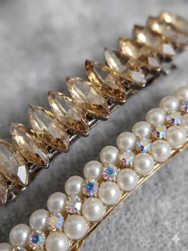 Image of Pearl & Crystal Hair Clips Set for Women, Elegant Rhinestone Barrettes, Stylish Hair Pins for Party, Wedding, Daily Wear - Pack of 2