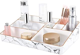 Lewondr Makeup Organizer, 9-Compartments Cosmetic Storage Display Case with Unique Gold-stamping Edges, Marble Makeup Accessories Storage Box Stand for Lipstick, Brushes, 12" x 7.6"(19 x 31 cm)