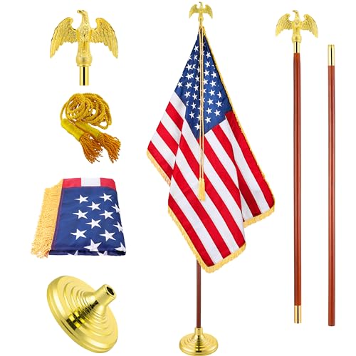 JPorton 8ft Deluxe Indoor American Flag Set with Solid Oak Pole, Metal Eagle Topper, Gold Fringed US Flag, Base Stand, Cord Tassel - Ideal for Lobby, Office, Auditorium, Conference Room, Classroom