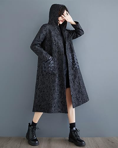 ellazhu Women's Coat Long Sleeve Button Down Hooded Two Side Pockets Floral Pattern Flowy Hem Loose GZ3034