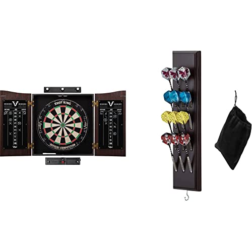Viper Vault Cabinet & Shot King Sisal/Bristle Dartboard Ready-to-Play Bundle with Two Sets of Steel-Tip Darts, Throw Line, and Dry Erase Scoreboards, Walnut Finish