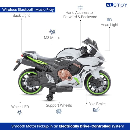 Image of Alstoy RR Kids Electric Ride-On Toy Bike | 12V Rechargeable Battery Operated for Kids | Bluetooth Music | 70kg Capacity | BIS /ISI Approved | Ages 5to12 Years | 6-Month Warranty | Large | Green+White