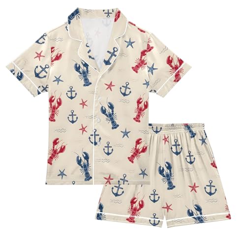 Anchor Shrimp Pattern Summer Satin Pajama Set, Cute Button-Down Sleepwear Pj Set for Sleep Wears