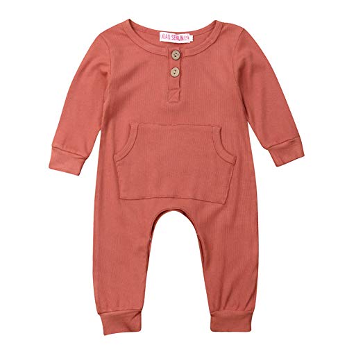 Baby Boys Girls Long Sleeve Romper One-Piece Buttons Jumpsuit with Kangaroo Pocket (12-18M, Brown)