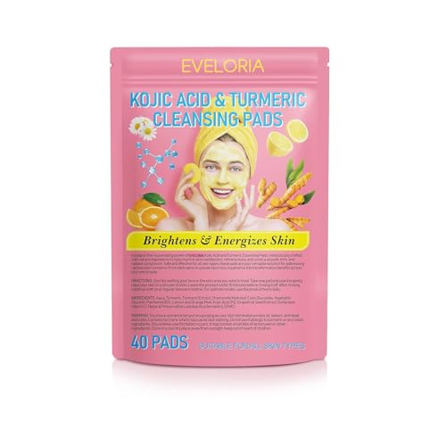 eveloria Turmeric Kojic Acid Cleansing Pads, Vitamin B5, Vitamin C Helps Balance Skin, 40 Sugar Turmeric Cleansing Pads for Face