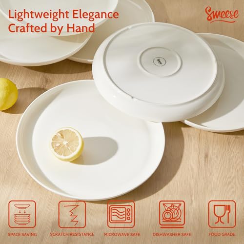 Sweese Porcelain Dinner Plates Set of 6, 10 Inch Lightweight Round Dish Set - Dishwasher, Microwave, Oven Safe, Scratch Resistant, Kitchen Serving Dishes - White - Image 4