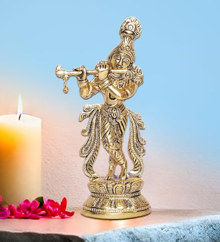 Estatua de Krishna tocando flauta, acabado dorado, 22 cm miniatura 6