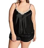 Shadowline Women's Plus Size Satin Cami & Tap Pant Set, Black
