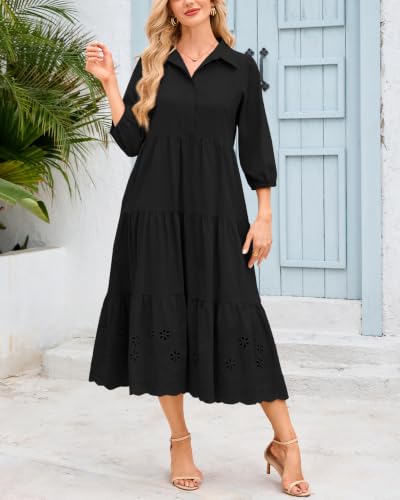 Image of Women Button Down Maxi Shirt Dress Long Sleeve Flowy Tiered Collared Dresses with Pockets