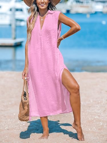 Image of CUPSHE Women's Swimsuit Coverup Casual Sleeveless Side Split Long Cardigans V Neck Midi Beach Dress
