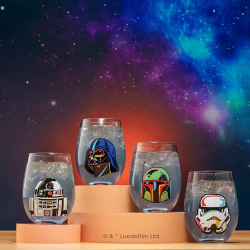 Image of JoyJolt Star Wars Cosmic Color Stemless Drinking Glasses, 19oz Glass Cups ft Darth Vader, Stormtrooper, Boba Fett, R2-D2 - Star Wars Kitchen Glasses Set of 4, Gifts for Men, Women & Adults