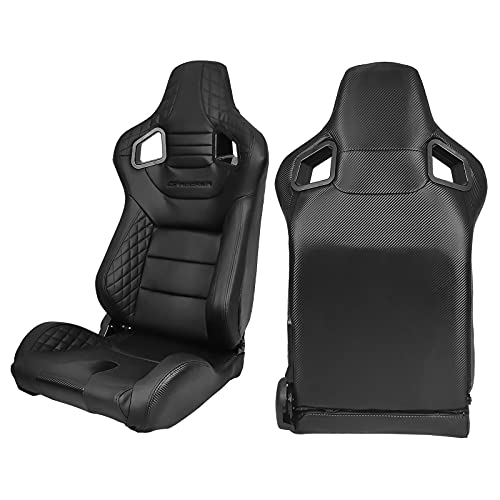 Ikon Motorsports, Universal Racing Seats Pair With Dual Sliders, Black Pu & Carbon Leather Reclinable Left Right #TOP1